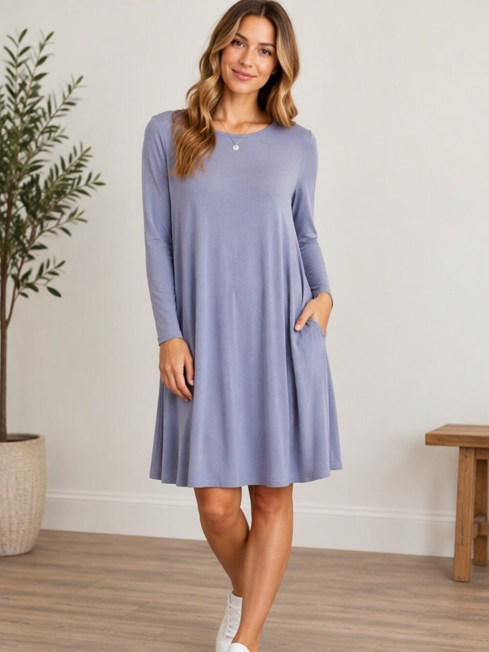 Honey and Lace Swing Dress Brea Medium Dusty Blue Trapeze Casual Soft Pockets